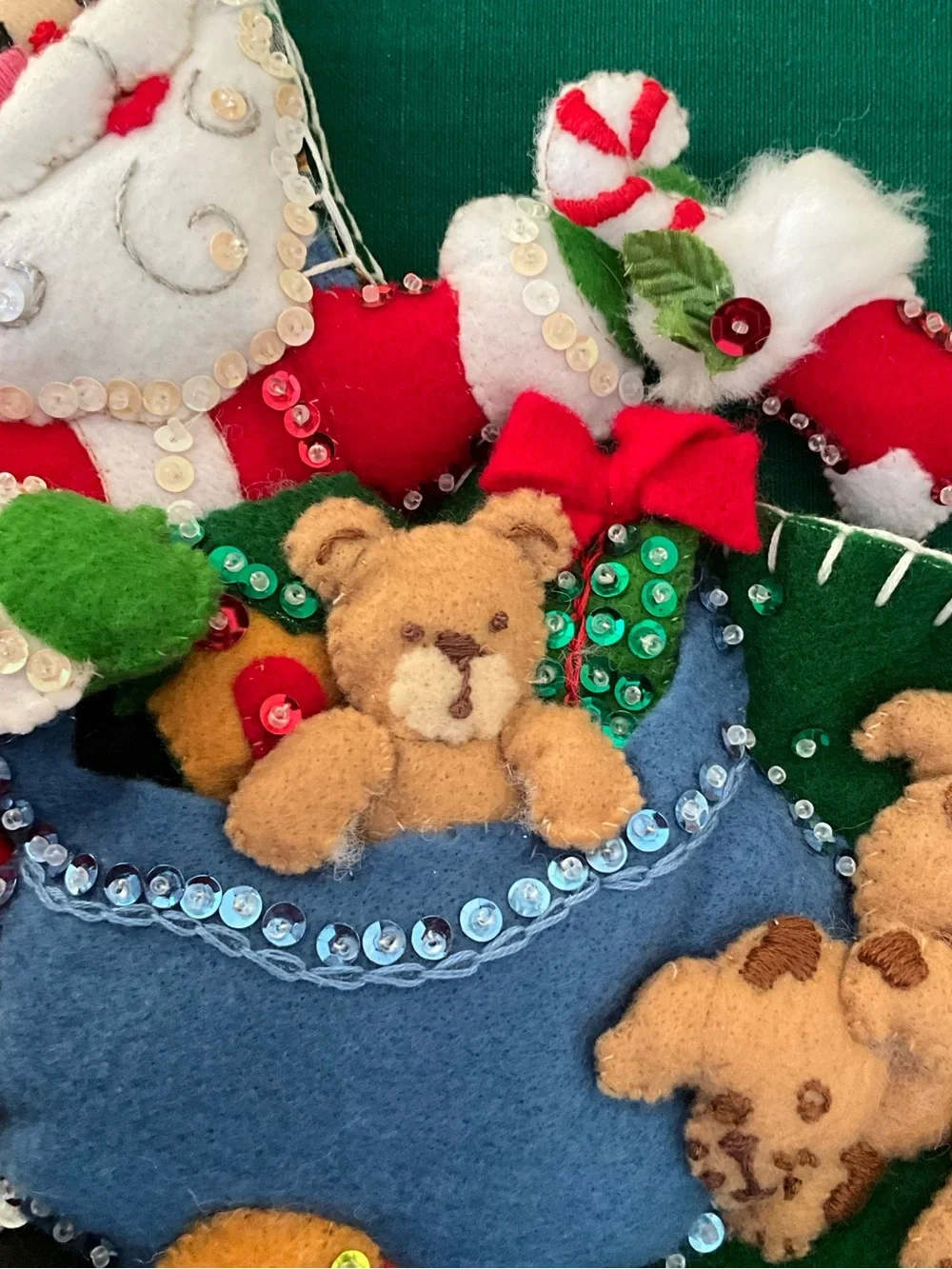 Bucilla Green Felt Embroidered Santa Christmas Stocking